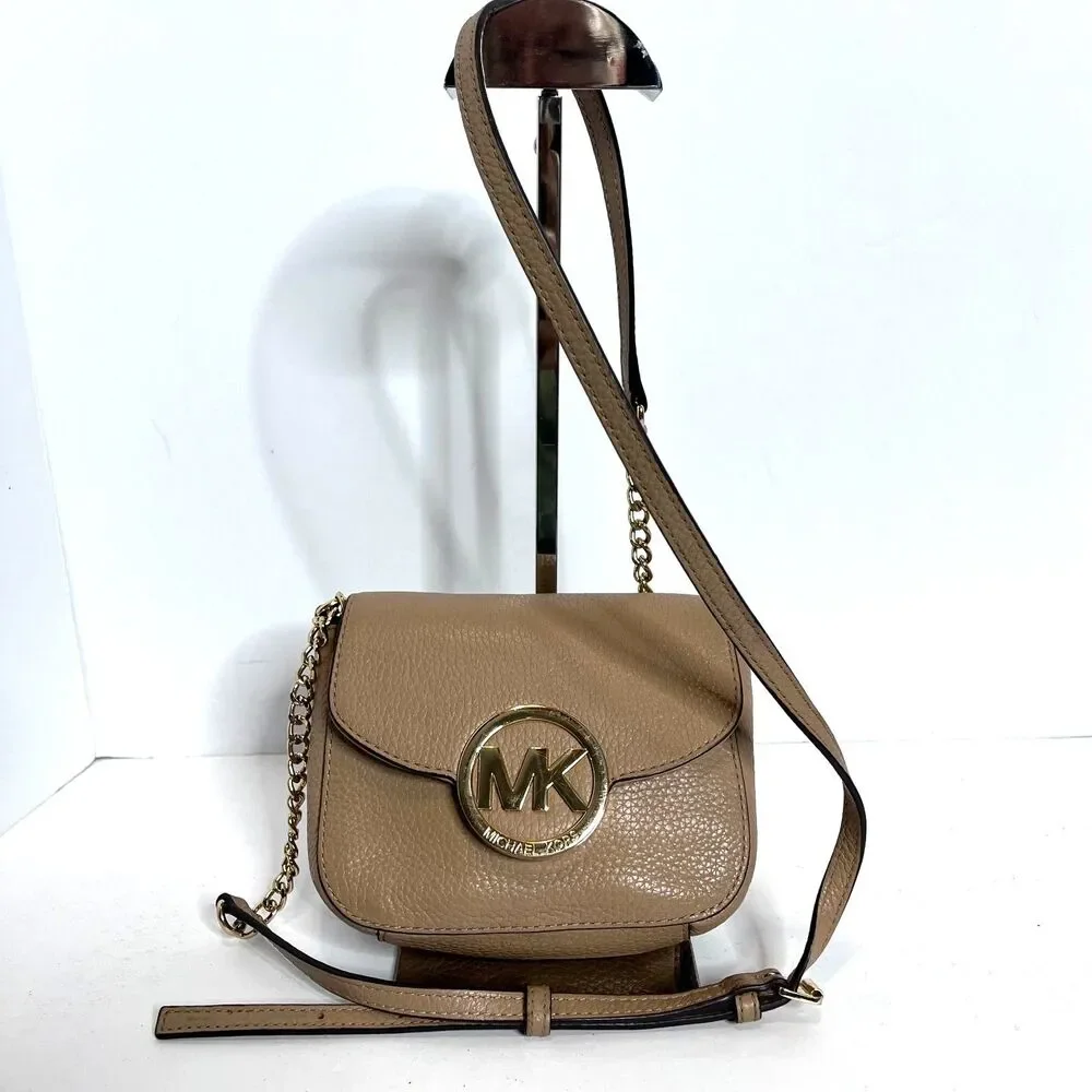 Michael Kors Small Fulton Tan & Gold Pebbled Leather Crossbody
